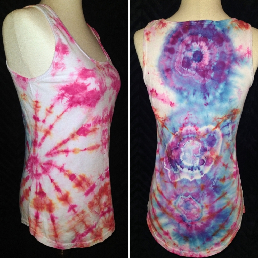 Women's Pink & Orange Side Spiral W/ Geode Back Ice Dye Tank Top ~ Sz S